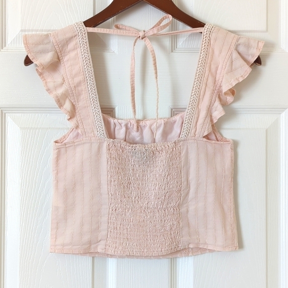 MINKPINK Kelsy Ruched & Textured Flutter Sleeve Square Neck Cropped Top Pink XS - Picture 8 of 11